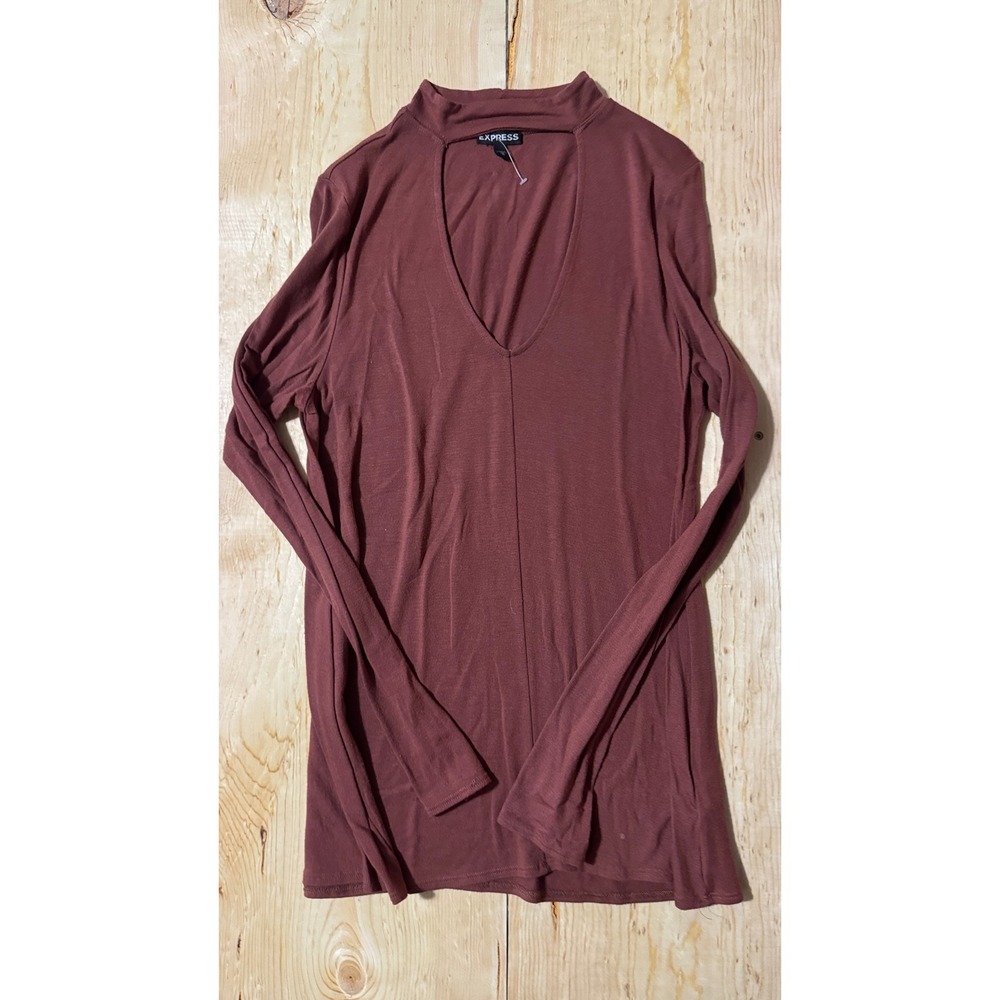 Express Women's Mauve Rust Choker Neck Cutout V-Neck Long Sleeve‎ Top Size M